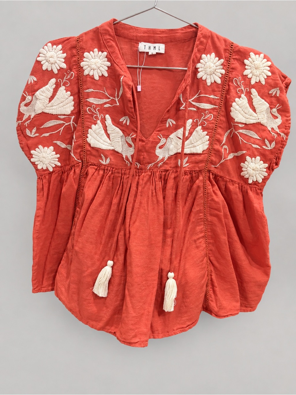 THML Coral Embroidered Peasant Blouse with Tassel Ties Small NWOT